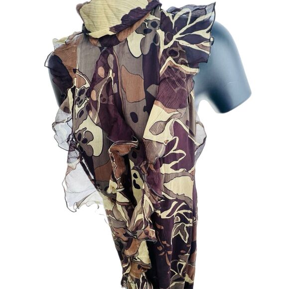 Escada Green and Brown Fauna Print Plisse Silk Ruffled Halter Maxi Dress 38 US 8 - Picture 5 of 12